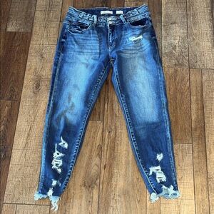 KanCan Distressed Ankle Crop Jeans in Dark Blue Wash